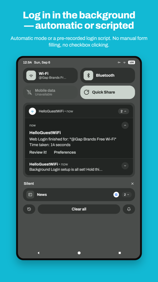 An Android notification shade showing WiFi Web Login reporting that the web login finished and how long it took.