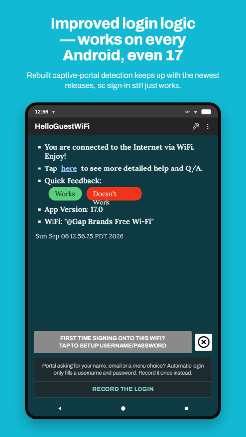 WiFi Web Login main screen showing a successful connection, the app version and a Record the login button.