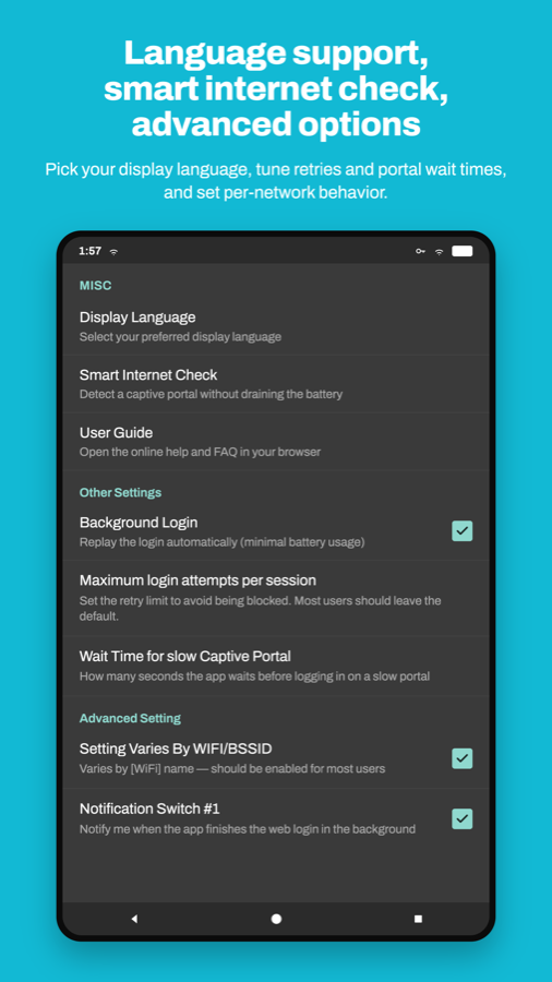 The app preferences screen showing display language, smart internet check, background login and per-network options.