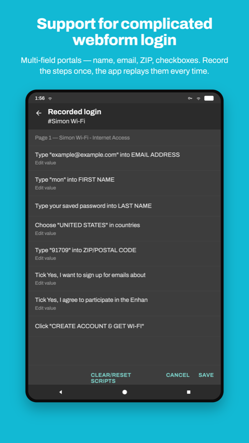 The recorded login editor listing steps such as typing an email address, choosing a country and ticking a consent box.